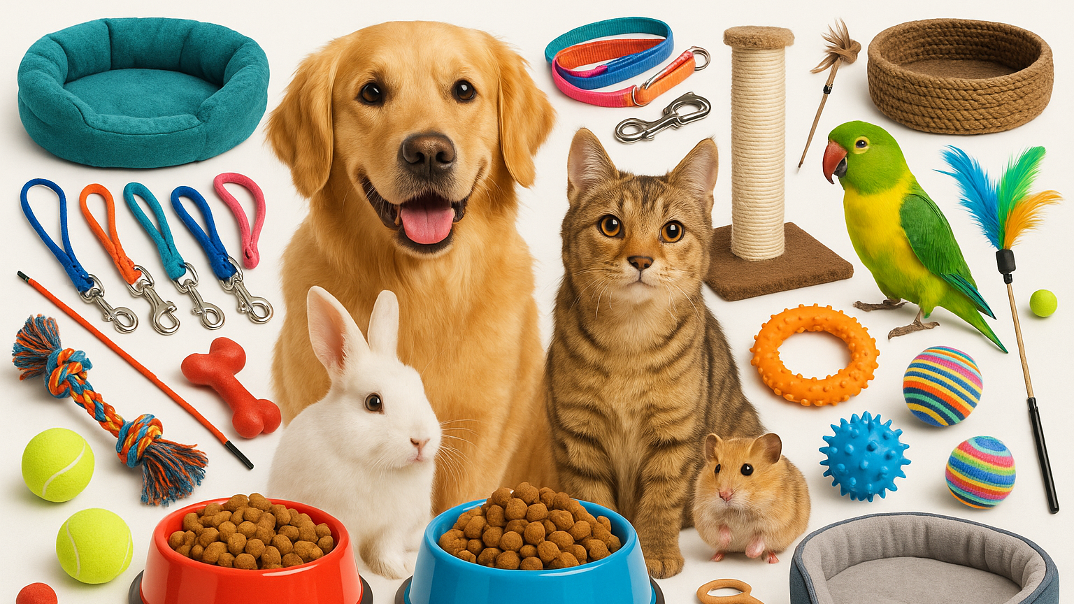 Collage of pets (dog, cat, rabbit, bird, etc.) with products like leashes, bowls, toys, and beds